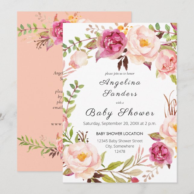 Pink Blooming Blush Floral Party or Baby Shower Invitation (Front/Back)