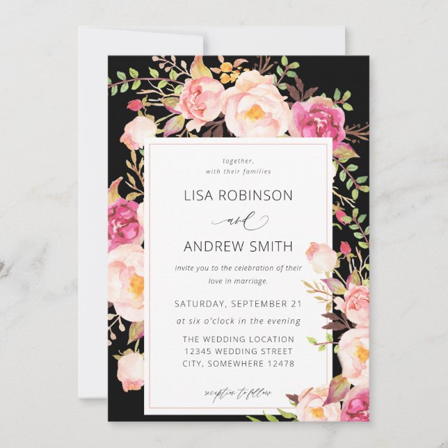Pink Blooming Blush Floral Wedding V3 Black Invitation (Front)
