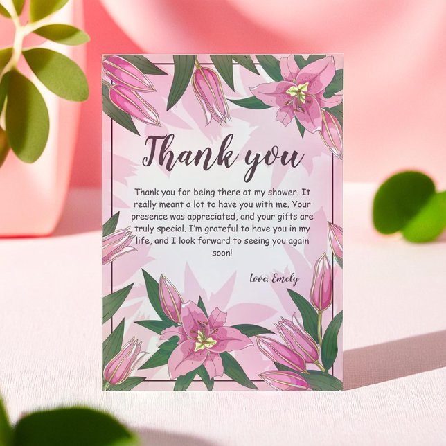 Pink Blooming Lilies Baby Shower/ Birthday  Thank You Card (Pink Blooming Lilies Baby Shower/ Birthday Thank You Card)