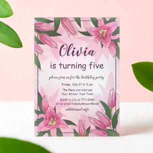 Pink Blooming Lilies Birthday Party Invitation