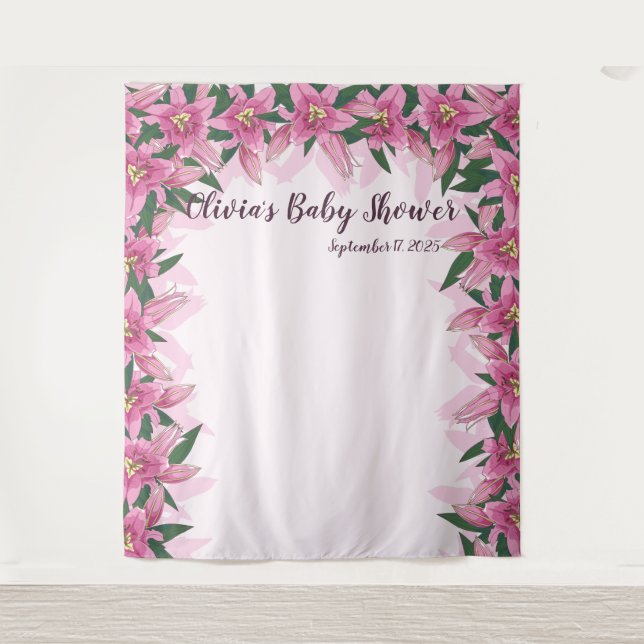 Pink Blooming Lilies Surrounding Backdrop Tapestry (Front)