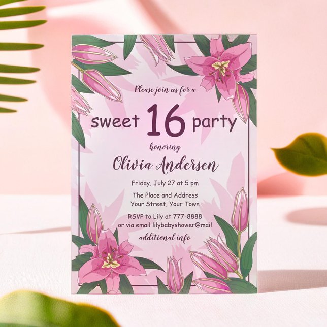 Pink Blooming Lilies Sweet Sixteen Party  Invitation (Pink Blooming Lilies Sweet Sixteen Party Invitation)
