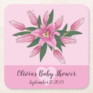 Pink Blooming Lily Square Paper Coaster