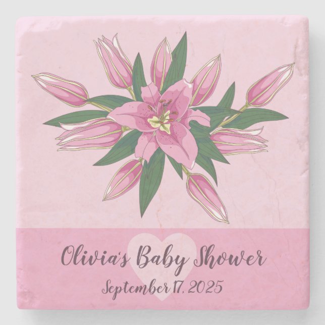 Pink Blooming Lily Stone Coaster (Front)