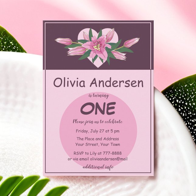 Pink Blooming Lily Sweet Heart Birthday Invitation (Pink Blooming Lily Sweet Heart Birthday Invitation)