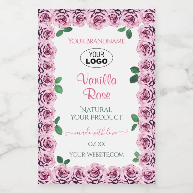 Pink Blooming Roses White Product Labels with Logo (Single Label)