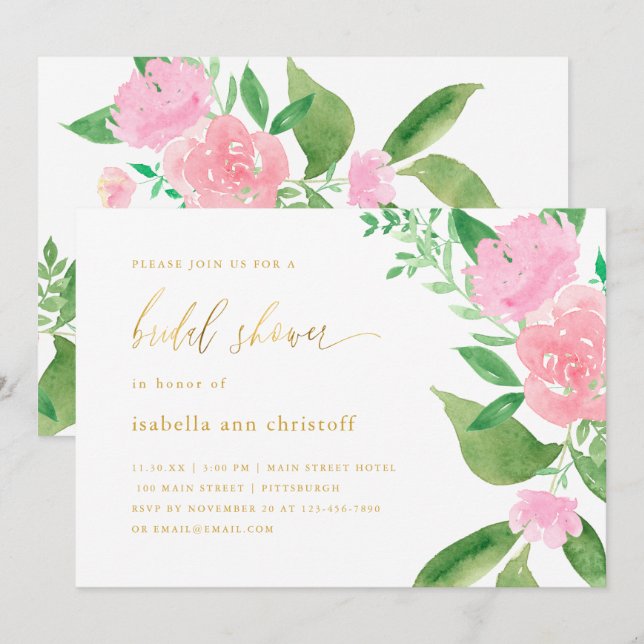 Pink Blooms and Calligraphy Wedding Bridal Shower Invitation (Front/Back)