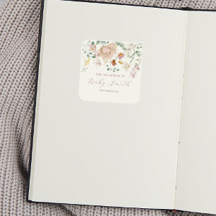 Pink Blooms Baby Shower Bookplate Square Sticker