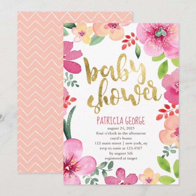 Pink Blooms Baby Shower Party Invitation (Front/Back)