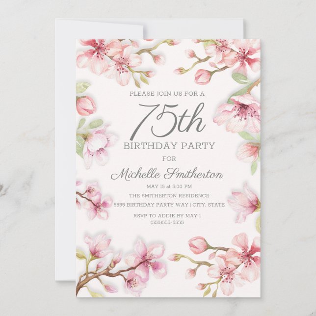 Pink Blooms Green Leaves Women's 75th Birthday Invitation (Front)