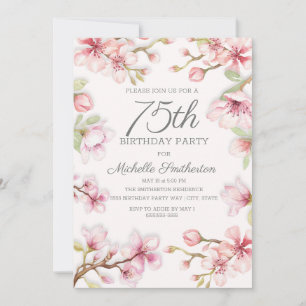 Pink Blooms Green Leaves Women's 75th Birthday Invitation