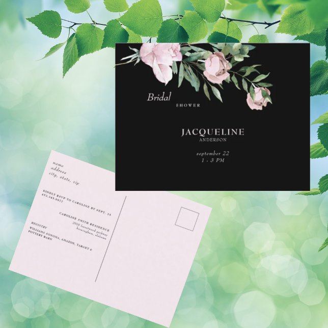 Pink Blooms of Love Black Bridal Shower Invite Postcard (Creator Uploaded)
