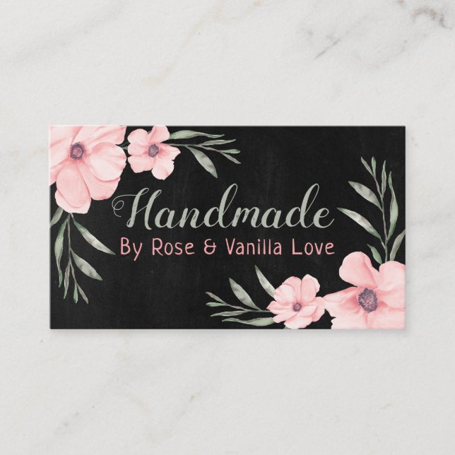 Pink Blooms On Black Handmade Products Business Card (Front)