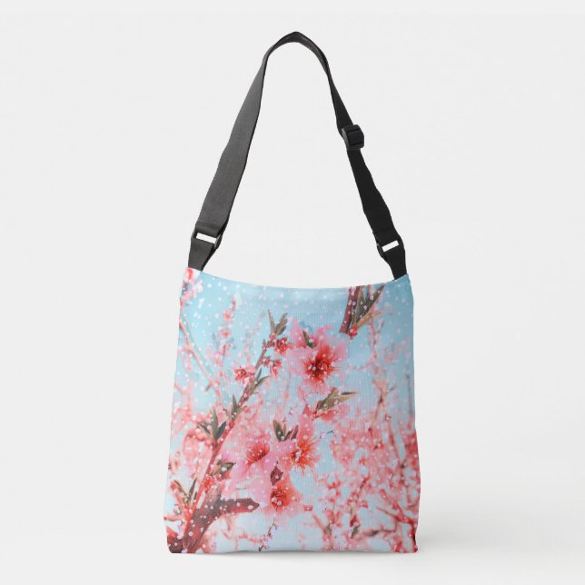 Pink blossom and flying petals (or snow?) crossbody bag (Front)