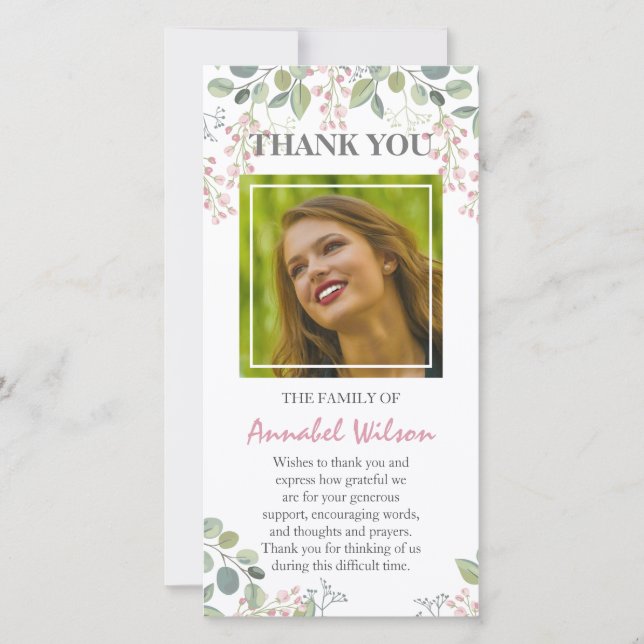 Pink Blossom Bereavement Watercolor Photo Funeral Thank You Card (Front)