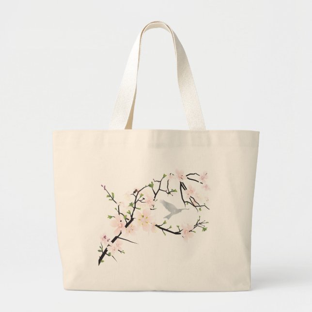 Pink Blossom Bird Large Tote Bag (Front)