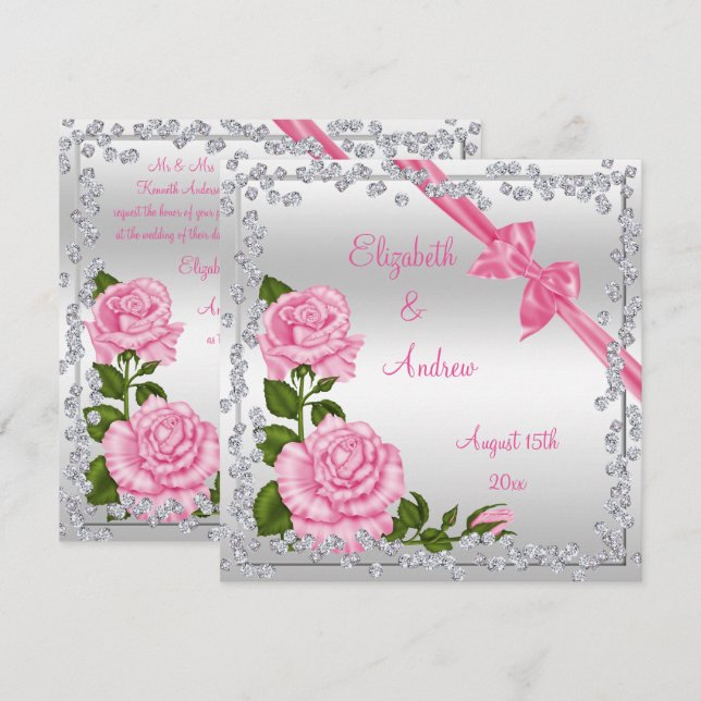 Pink Blossom, Bows & Diamonds Wedding Invitation (Front/Back)