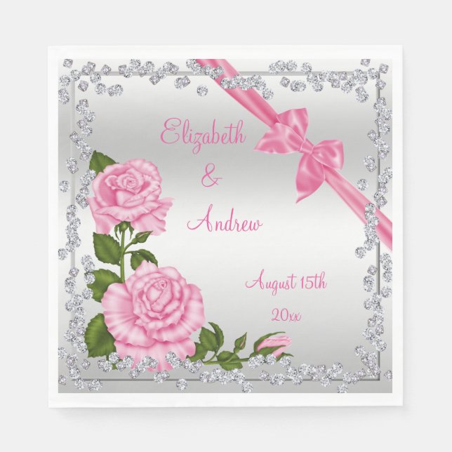Pink Blossom, Bows & Diamonds Wedding Napkin (Front)