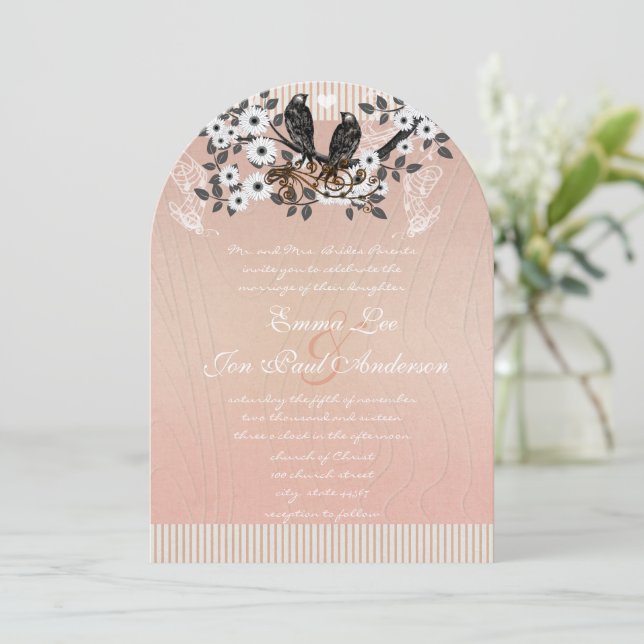 Pink Blossom Branch Vintage Love Birds Wedding Invitation (Standing Front)