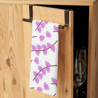 Pink blossom branch watercolor tea towel