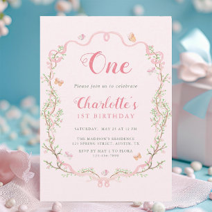 Pink Blossom Floral Frame 1st Birthday Invitation