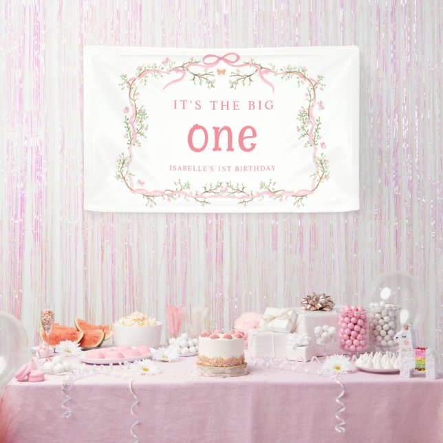 Pink Blossom Floral Frame 1st Birthday Party  Banner (Party)