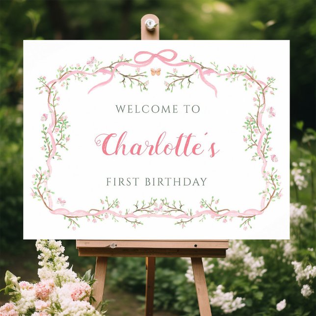 Pink Blossom Floral Frame 1st Birthday Welcome Poster (Creator Uploaded)