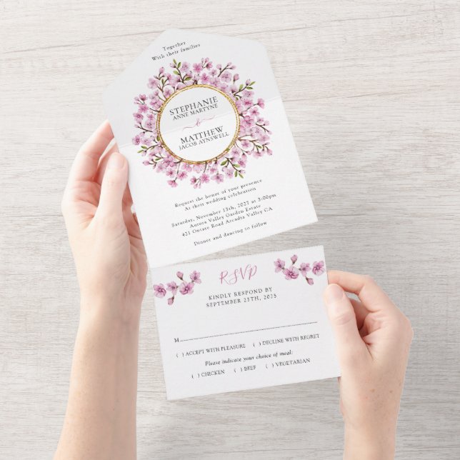 Pink Blossom Floral Gold Wedding All In One Invitation (Tearaway)