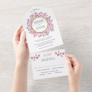 Pink Blossom Floral Gold Wedding All In One Invitation