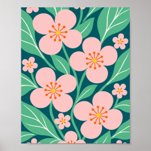 Pink Blossom Floral Pattern with Green Leaves Poster