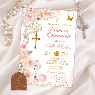 Pink Blossom Floral Rosary Catholic First Holy Com Invitation