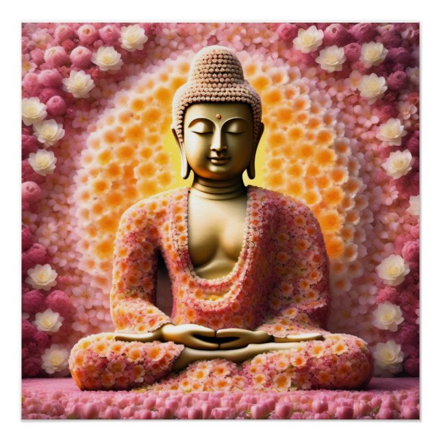 Pink Blossom Flower Buddha Meditating Poster (Front)