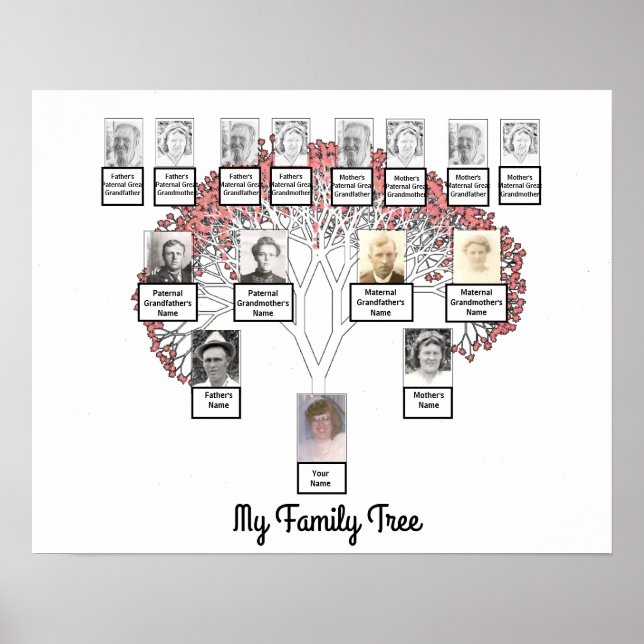 Pink Blossom Fractal Family Tree with Photo Poster (Front)