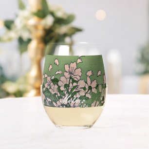 Pink Blossom Green Stemless Wine Glass
