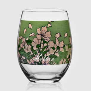 Pink Blossom Green Stemless Wine Glass