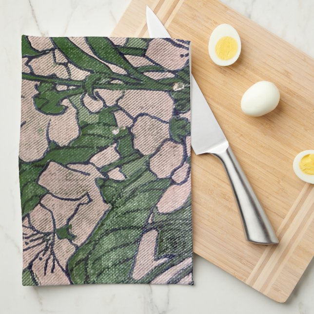 Pink Blossom Green  Tea Towel (Quarter Fold)