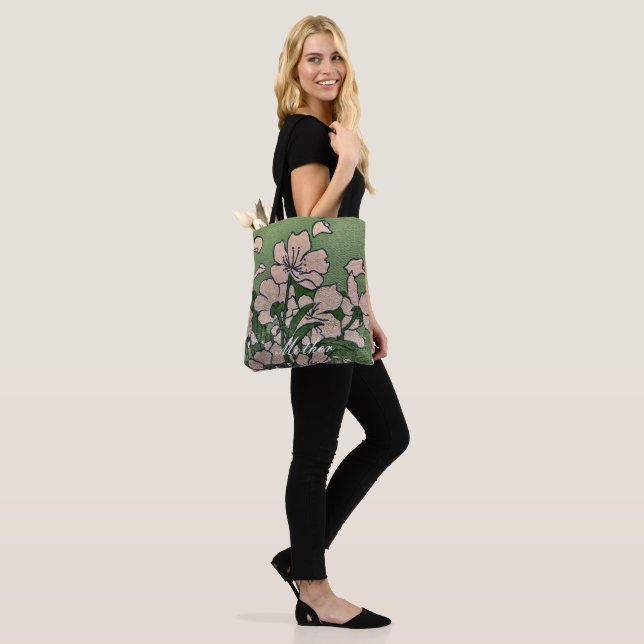 Pink Blossom Green Tote Bag (On Model)