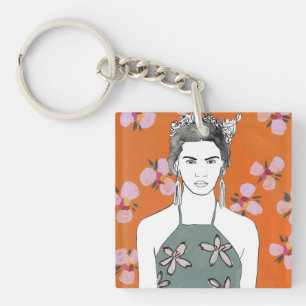 Pink Blossom Lady - Orange Key Ring