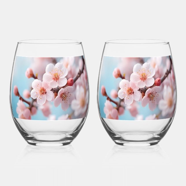Pink Blossom Magic   Stemless Wine Glass (Front)
