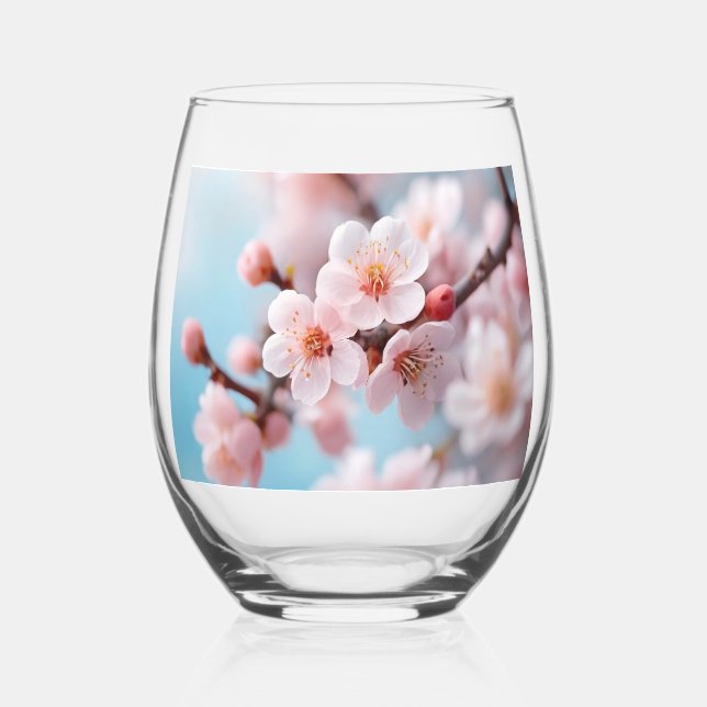 Pink Blossom Magic  Stemless Wine Glass (Front)