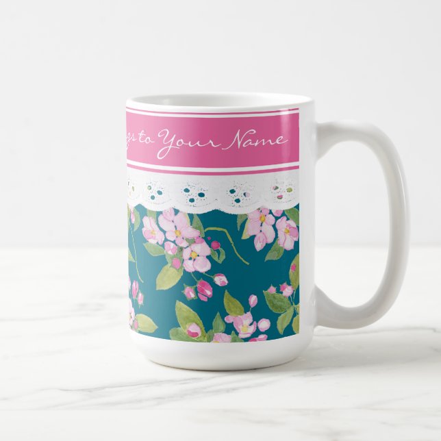 Pink Blossom on Dark Blue with Faux Lace Coffee Mug (Right)