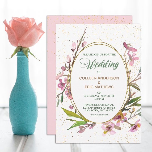 Pink Blossom Oval Gold Frame Wedding Invitation (Creator Uploaded)