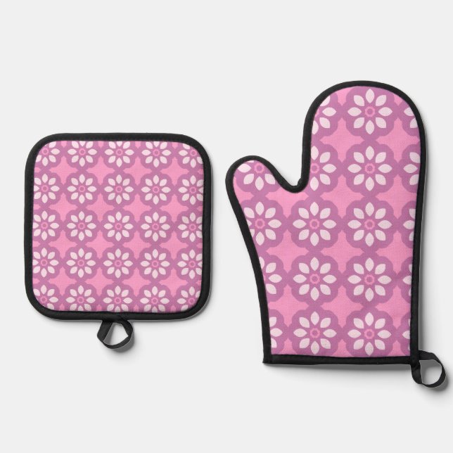 Pink Blossom Retro Tile Pattern Oven Mitt & Pot Holder Set (Front)