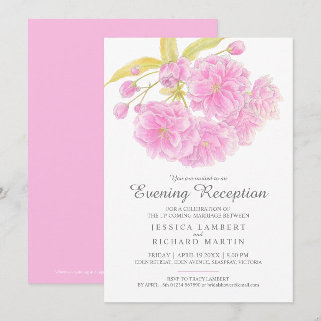 Pink blossom spring evening reception invites (Front/Back)