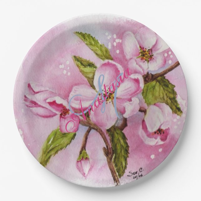 PINK BLOSSOM SPRING PARTY MONOGRAM PAPER PLATE (Front)