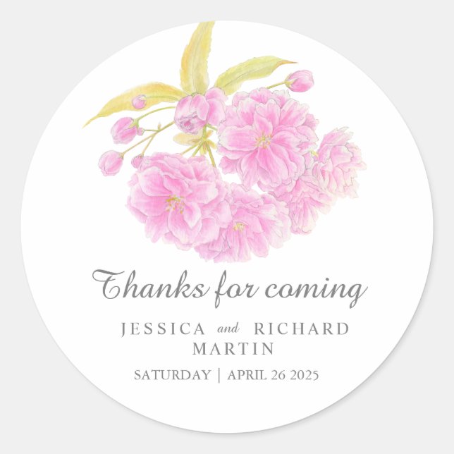 Pink blossom spring thank you wedding sticker (Front)