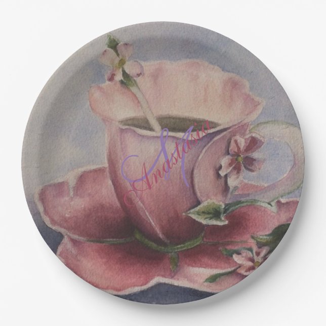 PINK BLOSSOM TEA CUP MONOGRAM PARTY PAPER PLATE (Front)