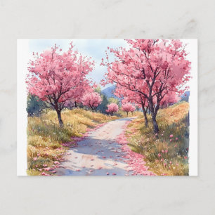 Pink Blossom Trees Flowers Watercolor Postcard