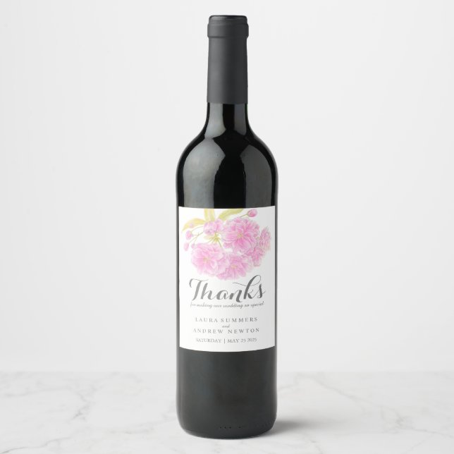 Pink blossom wedding custom wine labels (Front)