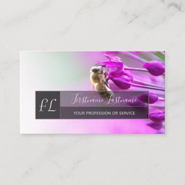 Pink blossom with bee grey rectangle monogram business card (Front)